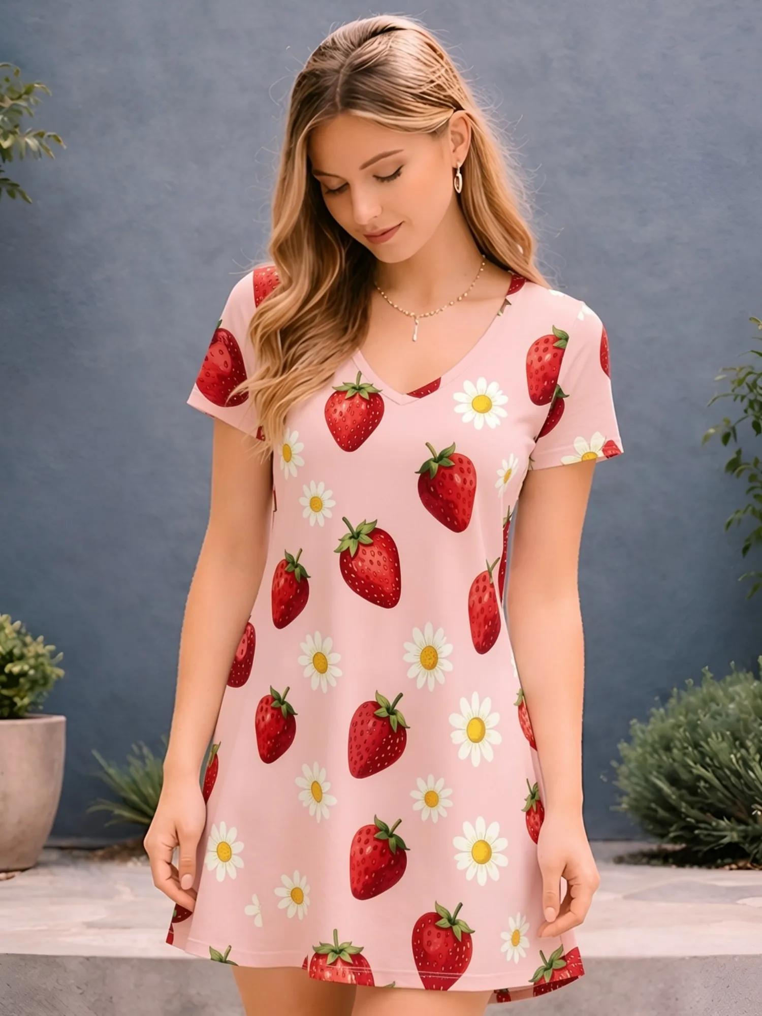 Womens V Neck Short Sleeve Vacation Mini Dress Lightweight Fit Flare Skater Dress for Holiday Beach Street Holiday Casual Outfit