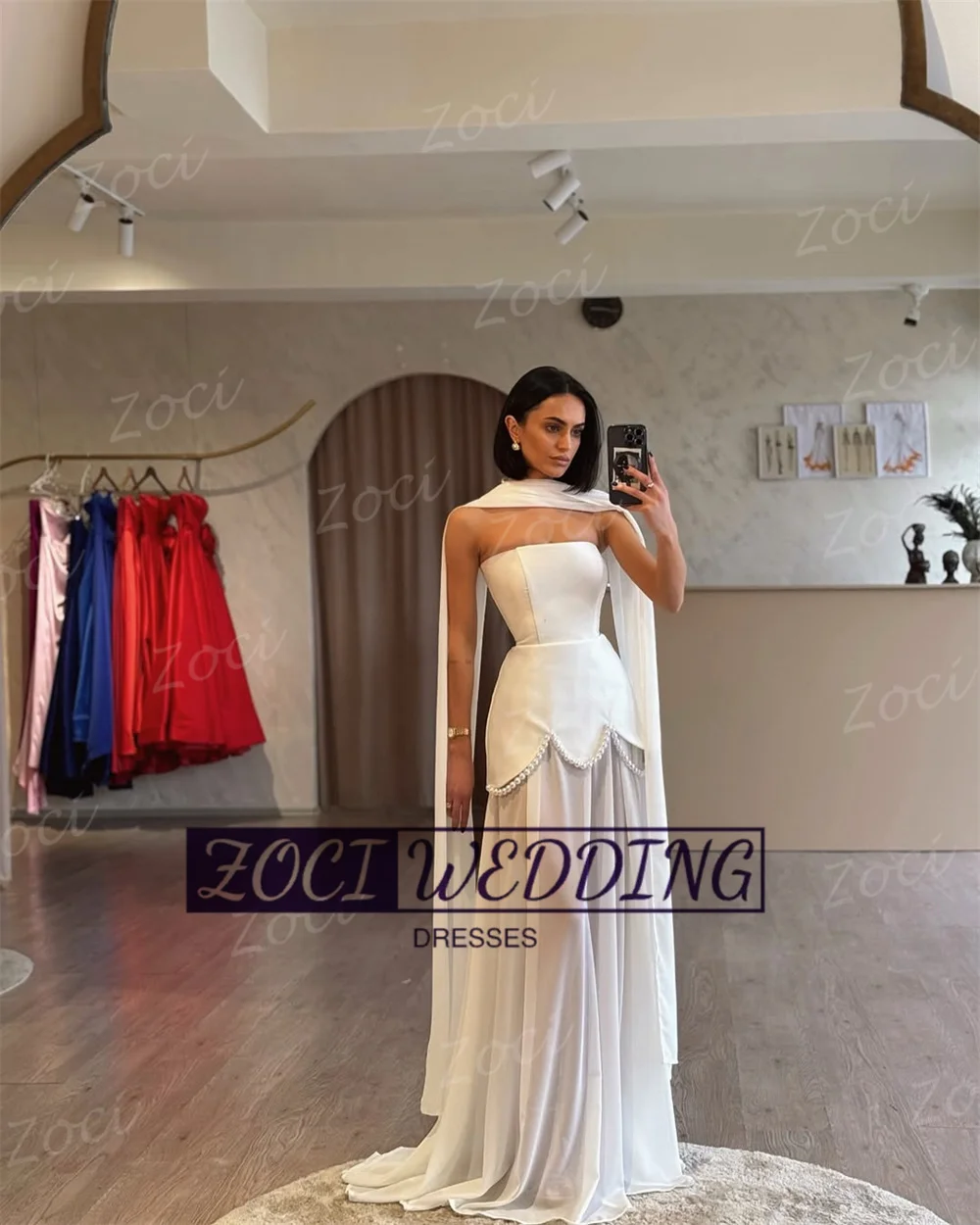 Zoci Modern Strapless Prom Dressess Pearls Beaded Backless A Line Chiffon Special Occasion Evening Gown Women Wedding Party Gown image 6