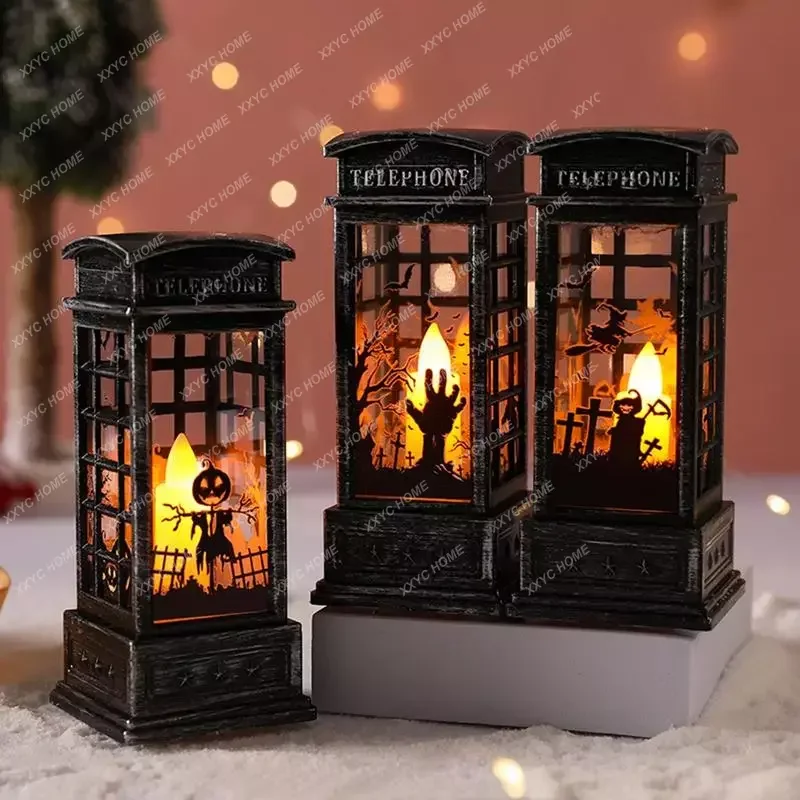 

Red Vintage Luminous Christmas Phone Booth Lantern Christmas Tree Snowman Santa Claus Figurine In Telephone Booth Christmas