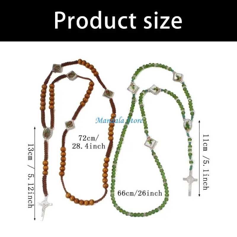 U2JC Beads Catholic Rosary Necklace Wooden Bead Rosary with Miracles Medals Crucifix Crosses Gift for Women Men Prayer Rosary