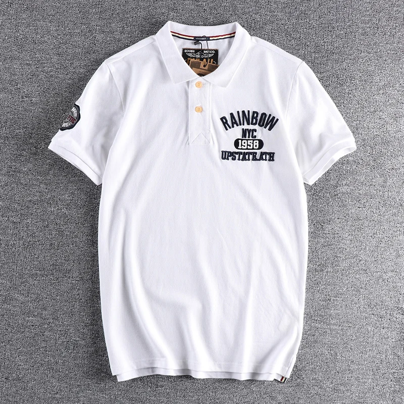 Summer American Retro POLO Shirt Men's Fashion Short-sleeved Letter Embroidery T-shirt 100% Cotton Washed Simple Business Tops