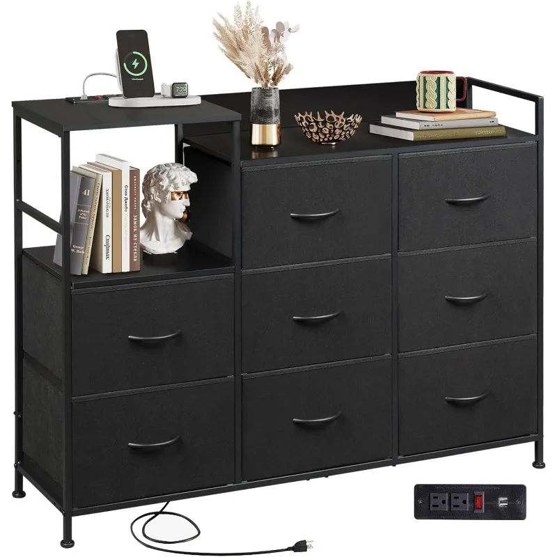 Dresser TV Stand for Bedroom with Charging Station and Open Shelves, Fabric Dresser with 8 Drawers and Wood Top,