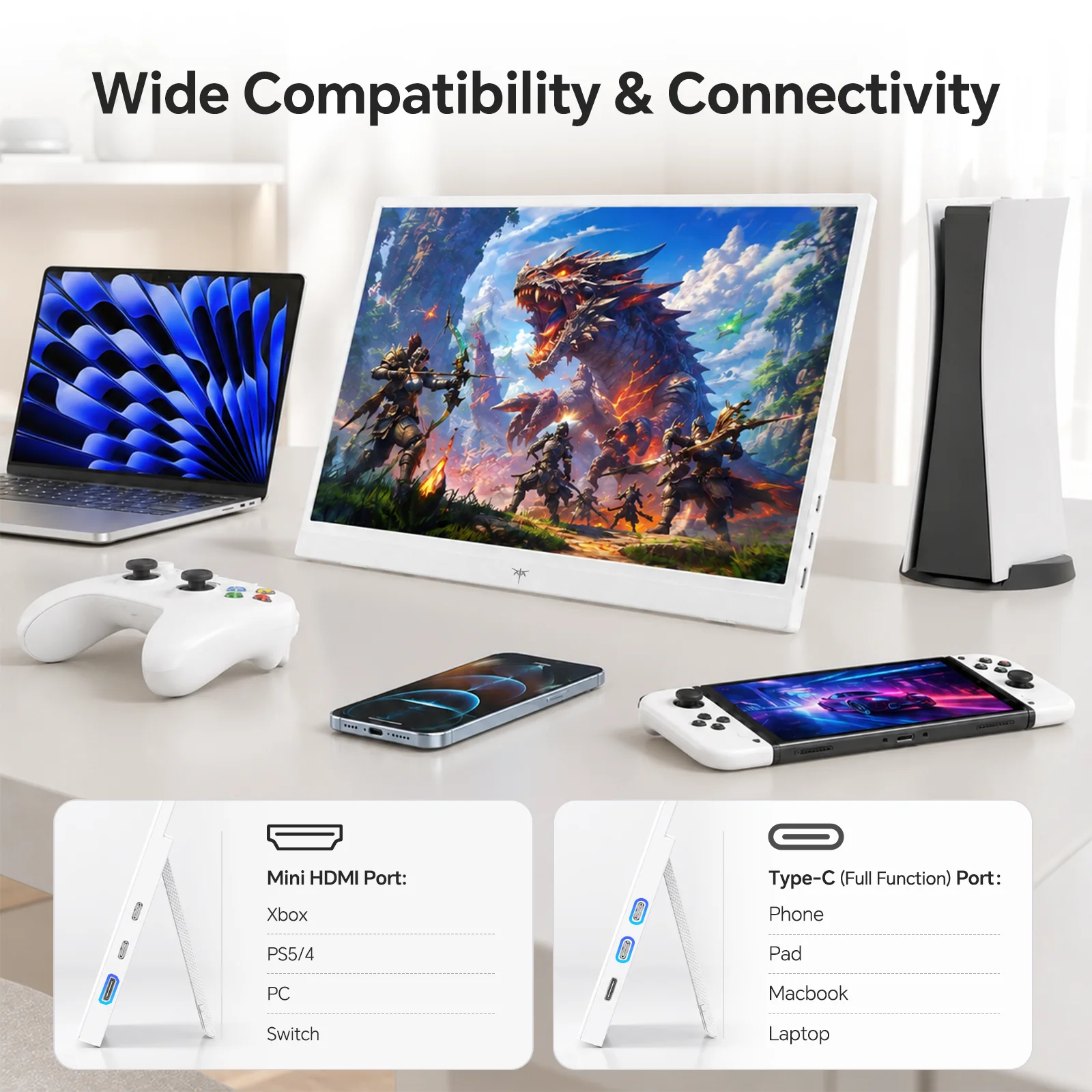 KTC Portable Monitor 15.6 Inch, FHD 1080P Travel Laptop Monitor Extender with USB-C HDMI, Ultra-Slim IPS HDR Display with Speakers, Second Screen for Laptop Computer Phone Xbox Mac Switch, White H15F8