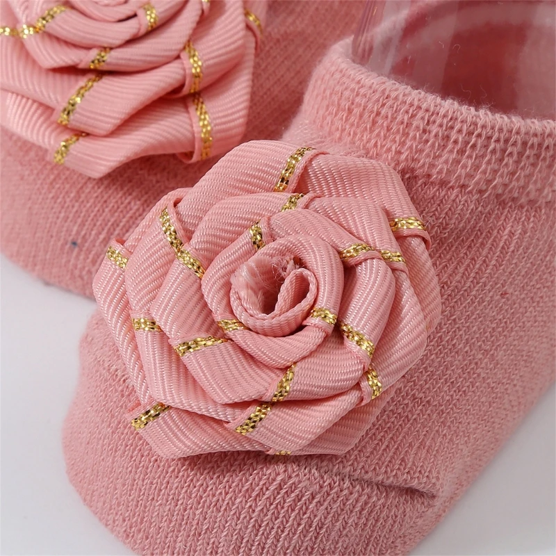 Baby Handmade Ribbed Knitted Socks with Flower Decor Solid Color Glued Floor Socks Breathable Learning to Walk Socks A2UB