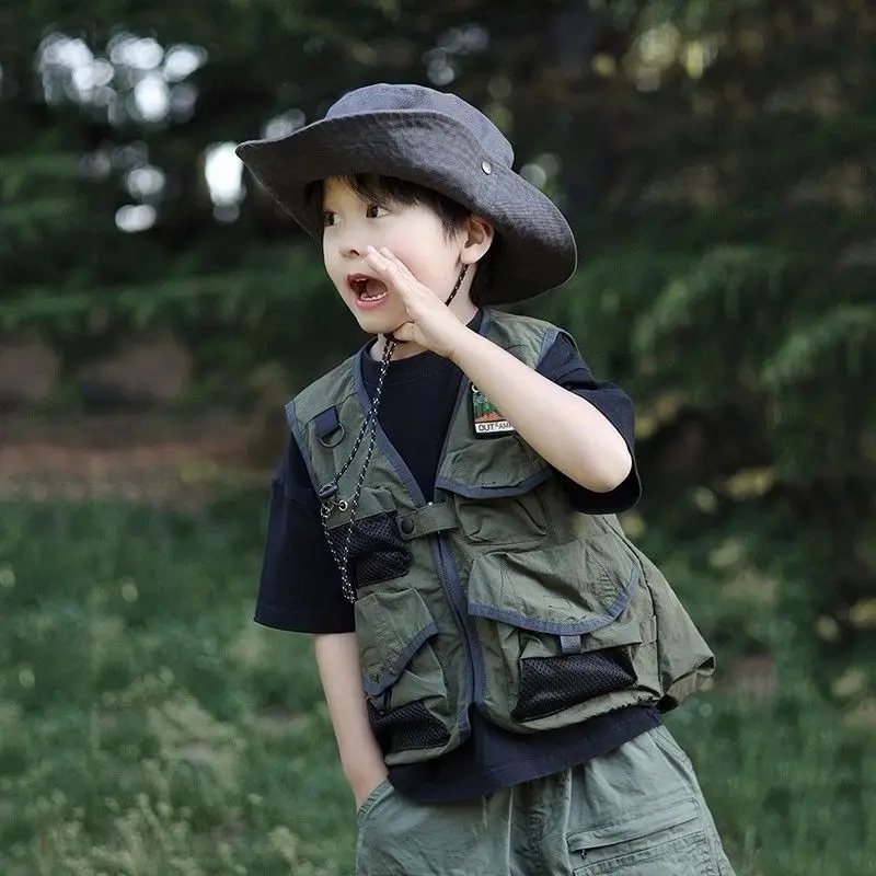 2025 New Autumn Outdoor Tactical Vest for Kids Boys Girls Olive Green Kids Cargo Vest Lightweight Waterproof Hiking Jacket
