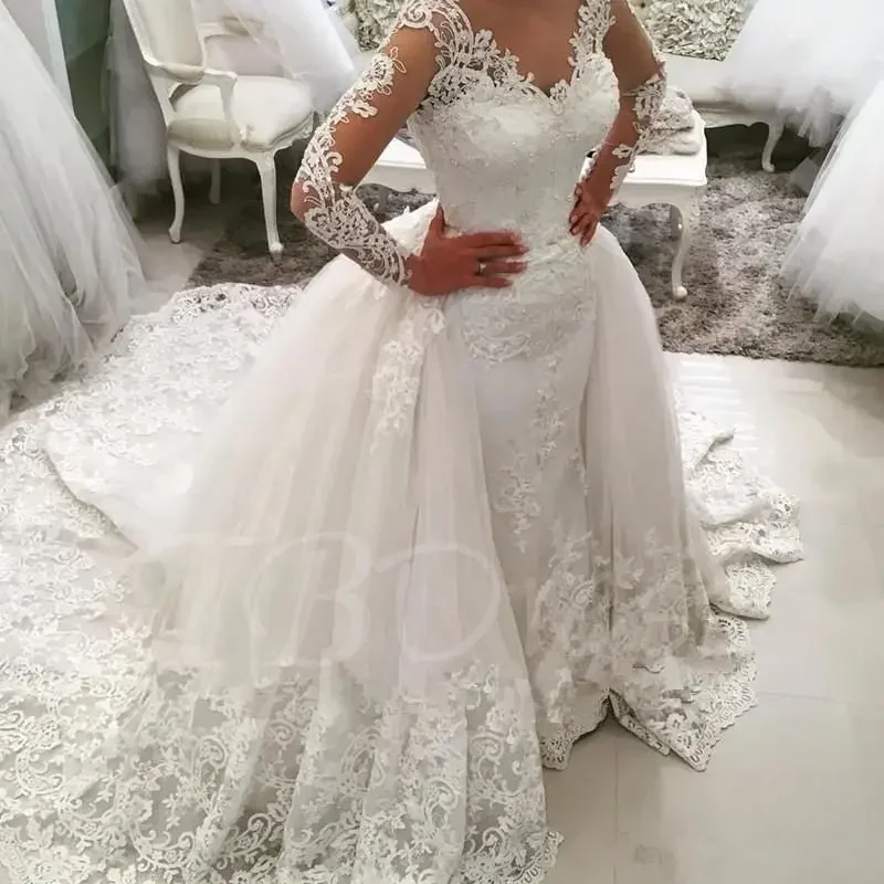 Customized New V Neck Ball Gown Two In One Plus Size Detachable Skirt Lace Bridal Gown Long Sleeve Muslim Arab Wedding Dresses
