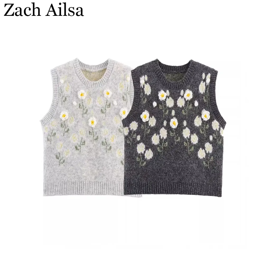 

Autumn new women's fashion simple and easy-matching three-dimensional flower knitted vest vest