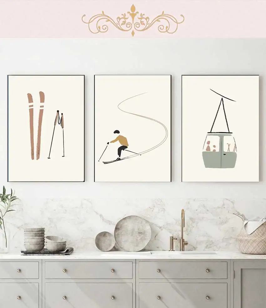 aesthetic poster Nordic minimalist winter snow scenery figure canvas painting art home room decor Winter skiing sports cable car