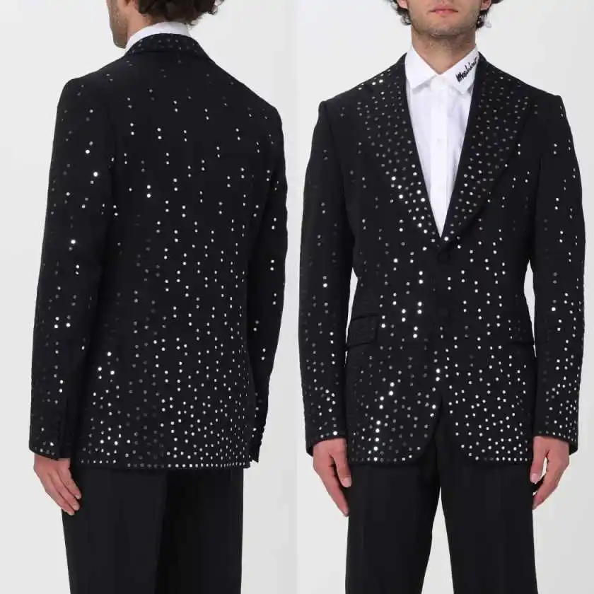 

High-end Men Suits 2 Piece Jacket Pants Rhinestone Notched Lapel Groom Wedding Tuxedos Customized Costume Homme