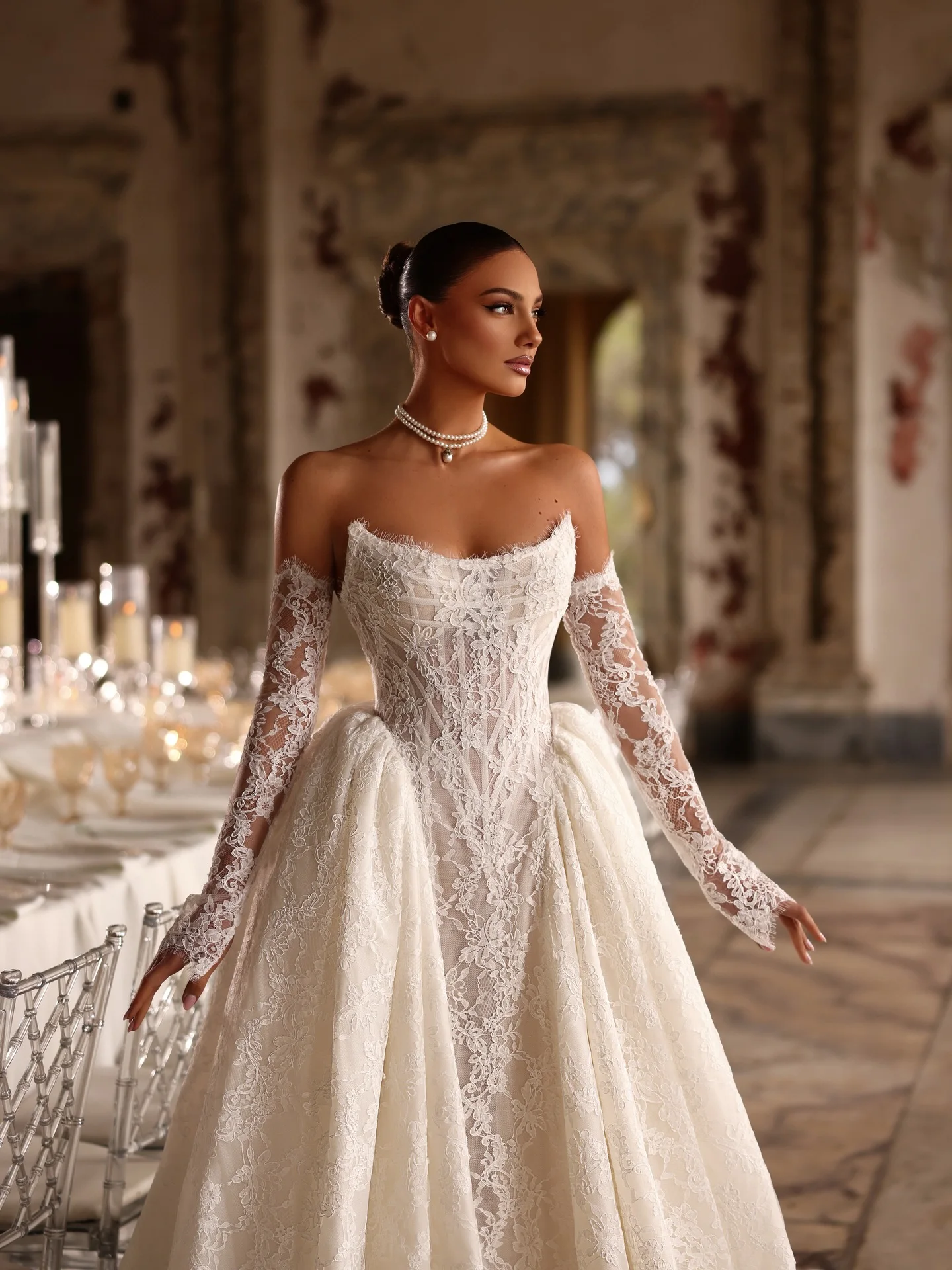Vestido de Novia de Encaje con Falda de Tul, Vestido de Novia Desmontable con Mangas Largas, Vestidos de Novia Minimalistas y Elegantes 2027, Estilo Princesa