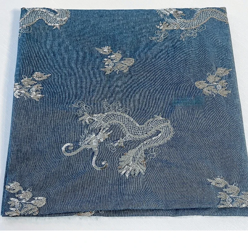 

New Chinese Style Three-dimensional Sequins Tenglong Embroidery Denim Distressed Thin Shirt Dress Clothing Designer Fabric
