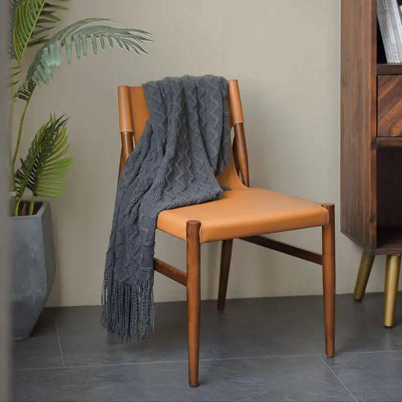 Luxury Saddle Leather Dining Chair Solid Wood Nordic Style Home Backrest