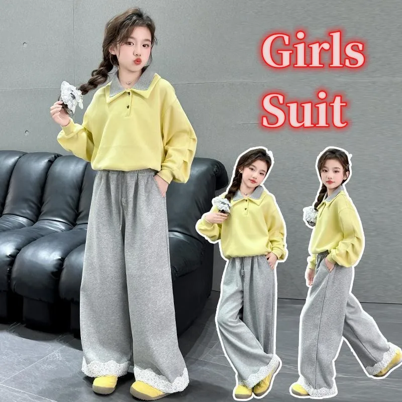SpringAutumn Girls Stylish Cotton Crop Sweatshirt+Lace Patchwork Sweatpant Set School Kids 2PCS Tracksuit Children Outfit