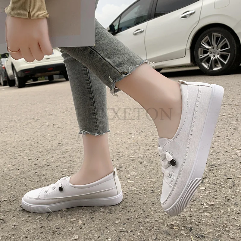 Comfortable Women Casual Flat White Lace Up Shoes Summer Vulcanized Sneakers Ladies Light Soft Shallow Mouth Loafers