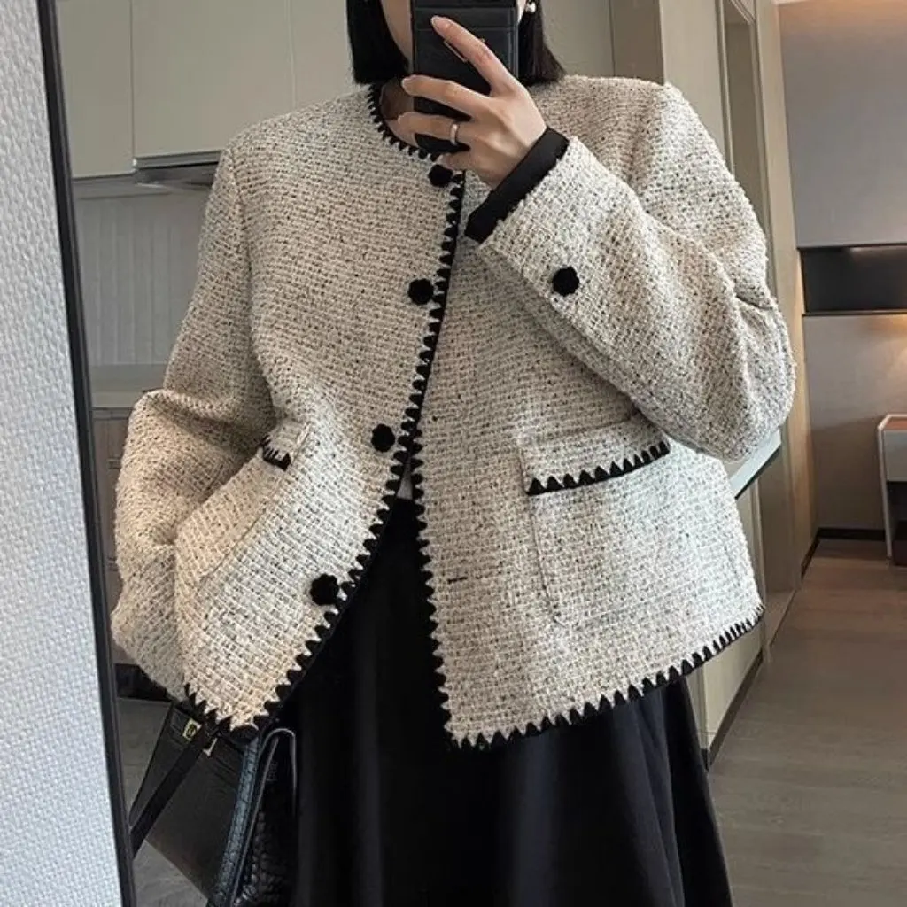

Women's French Style Short Coat Spring Autumn Celebrity Elegant Knitted Outer Top for Small Winter Wear