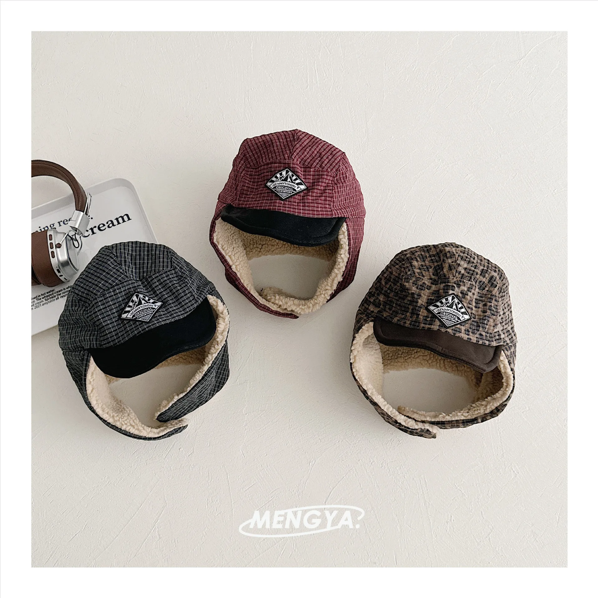 Children Winter Camp Cap Fleece Ear Flaps Hat Boys Girls Vintage Letter Print Windproof Thermal Ear Protection Bomber Hats