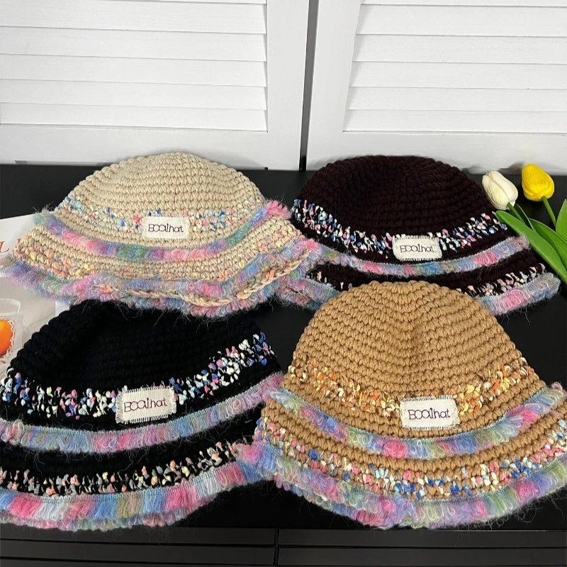 Koreanischer Stil Süßer Bunter Gestrickter Bucket Hat mit Rohkante für Herbst und Winter Warme Reise-Kuppelmütze für Frauen – Detail 5