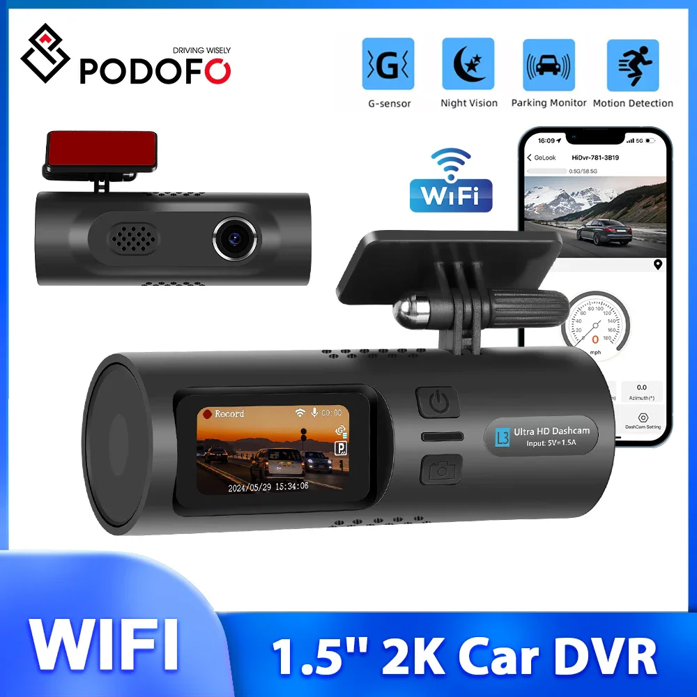 

Автомобильный мини-видеорегистратор Podofo, 1,5 дюйма, 4K, Передняя камера, G-датчик, парковочный монитор, циклическая запись, Wi-Fi, управление через приложение, регистратор привода, автомобильный монитор