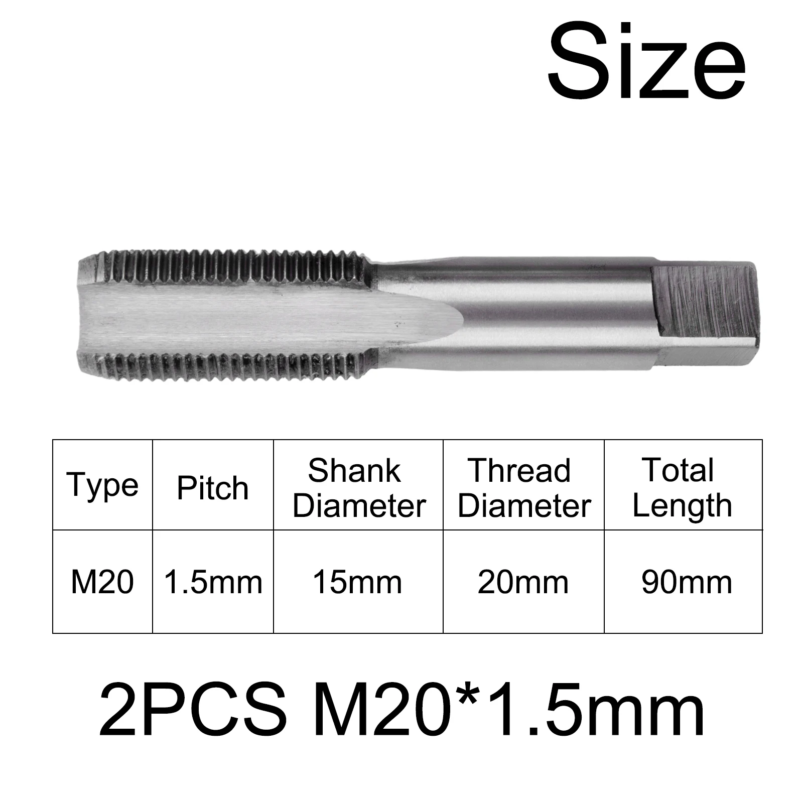 HSS 20mm x 1.5 Metric Taper Tap Set M20 Right Hand Thread 90mm Length High Speed Steel 2-Pack for Industrial Use