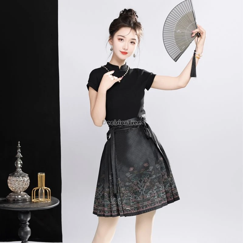 

2025Новая китайская улучшенная ретро традиционный стиль повседневная современная короткая плиссированная юбка ханьфу с принтом женская элегантная мода ханьфу