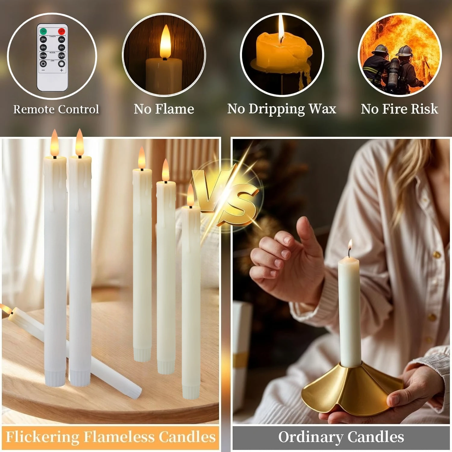 6Pcs Flameless Taper Candles with Holder & Remote LED Candlesticks Battery Operated Flickering Window Candle for Christmas Decor