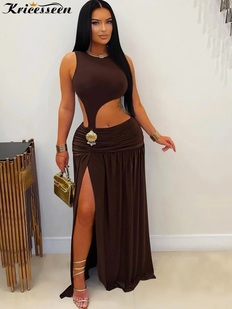 Kricesseen sexy recorte fenda maxi vestido chique feminino sem mangas ruched alta divisão clube vestido de festa roupas de natal noite fora wear