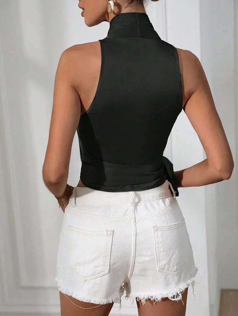 Women's Satin Sleeveless Halter Neck Tie Front Wrap Side Solid Color Slim Fit Blouse Tank Top for Women Clothing Female Fashion