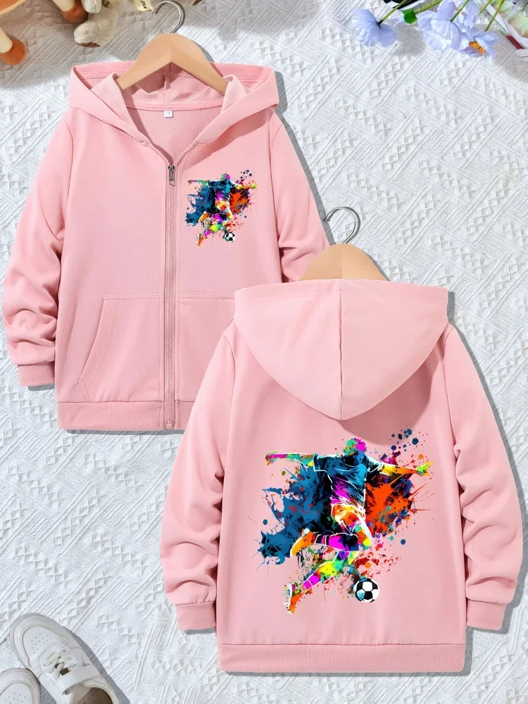 Kids Zip Up Hoodie Color Splash Soccer Player Print Long Sleeve Loose Hooded Jacket For Boys Girls Sports Daily Outerwear