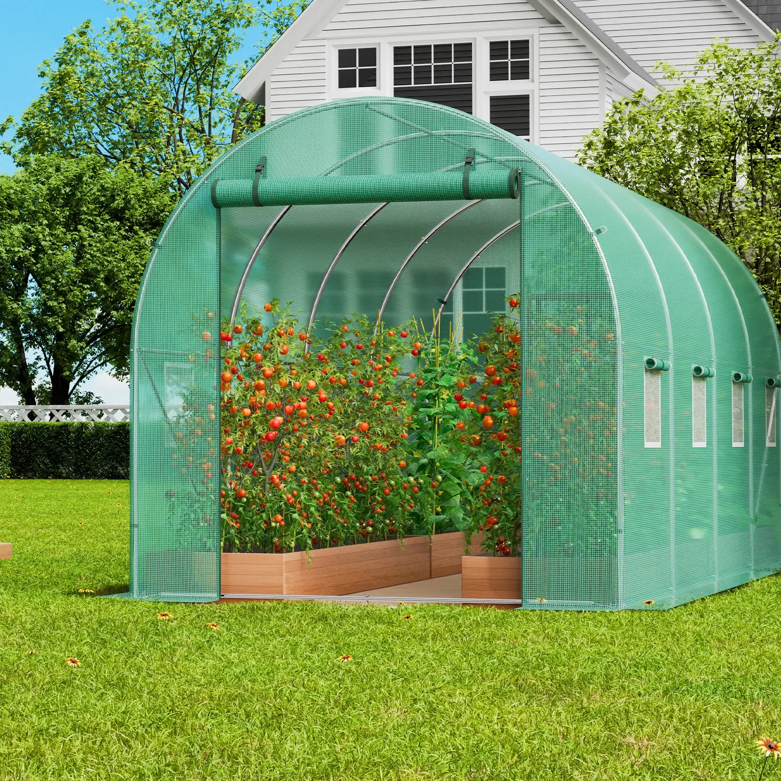 

Walk-in Tunnel Greenhouse 14.6x6.36x6.3ft Galvanized Frame PE Cover Green