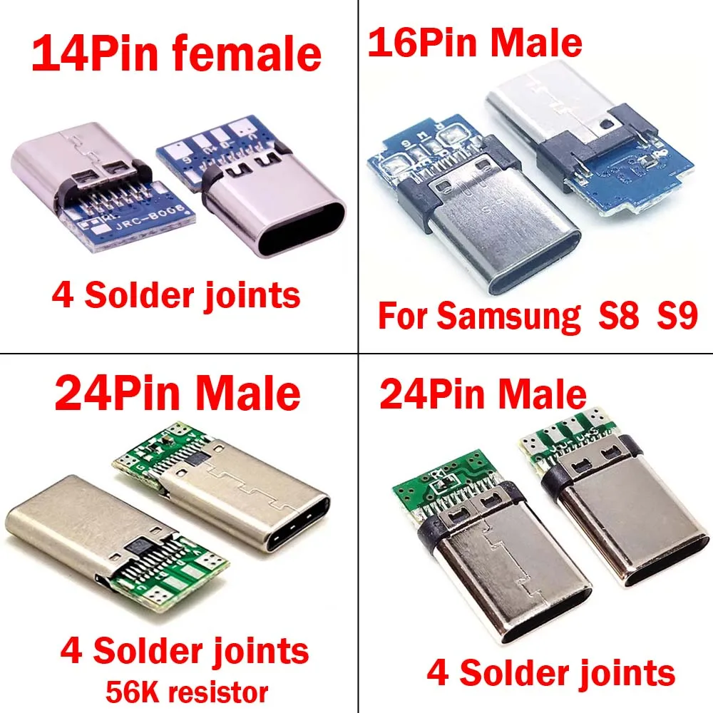 

USB-C 3.1 Type C Connector USB 14Pin Female 24Pin Male Socket 4 solder joints Type-C Plug Connector