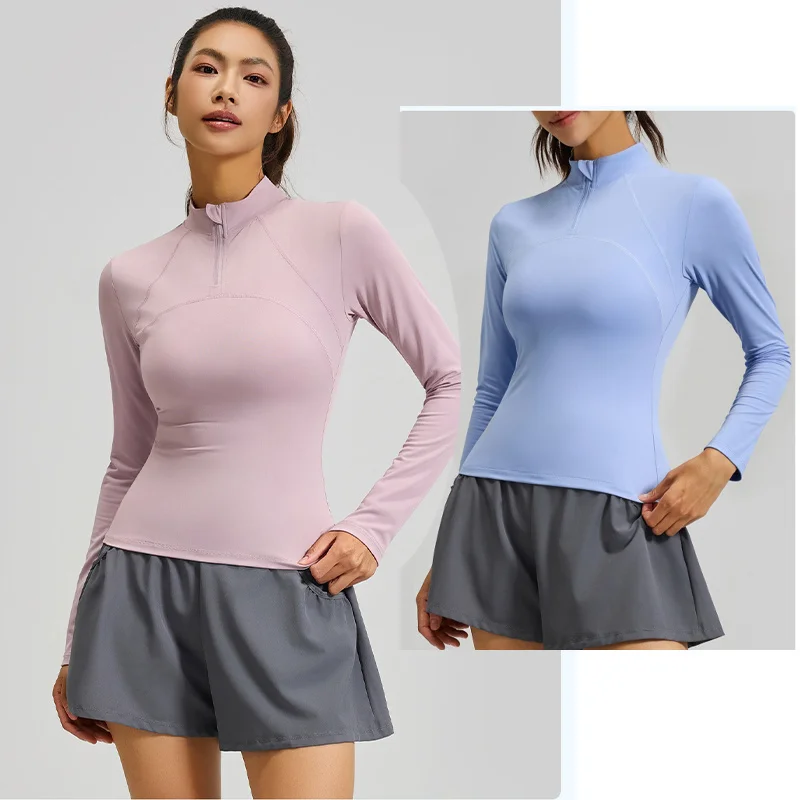 Aiithuug Slim Fitting Yoga Long Sleeve Quater Zip Breathable Quick Dry Running Shirt Pullover Crop Yoga Athletic Slim Fit Shirts