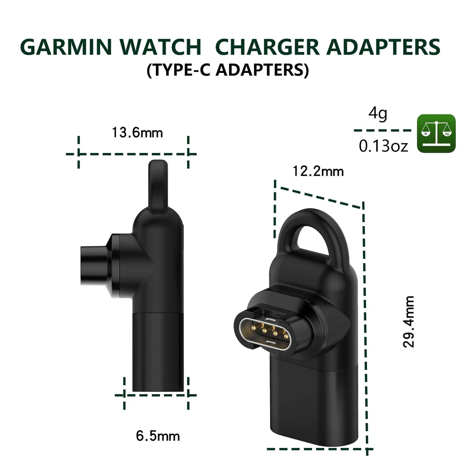 Masculino Tipo C Adaptador para Garmin, Conector de Carregamento, Relógio Inteligente, Fenix 7, 7X, Fenix 6X, Instinto, epix3, 2 Pacote