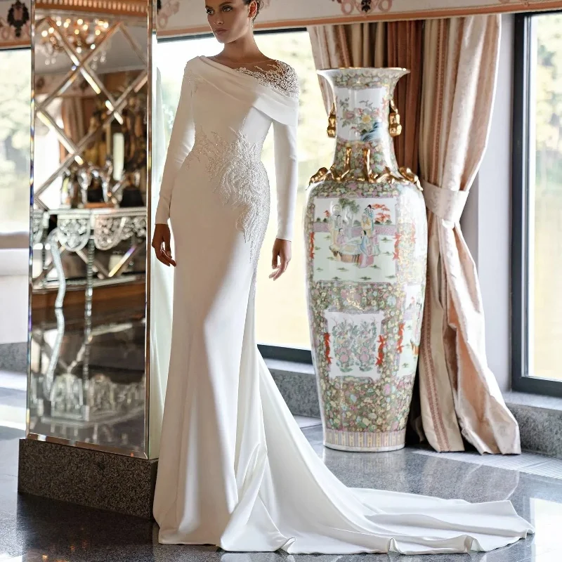 

Elegant Wedding Dresses O-Neck Long Sleeve Mermaid Brides Dress with Appliques Beading Bridal Gown Customized vestidos de novia