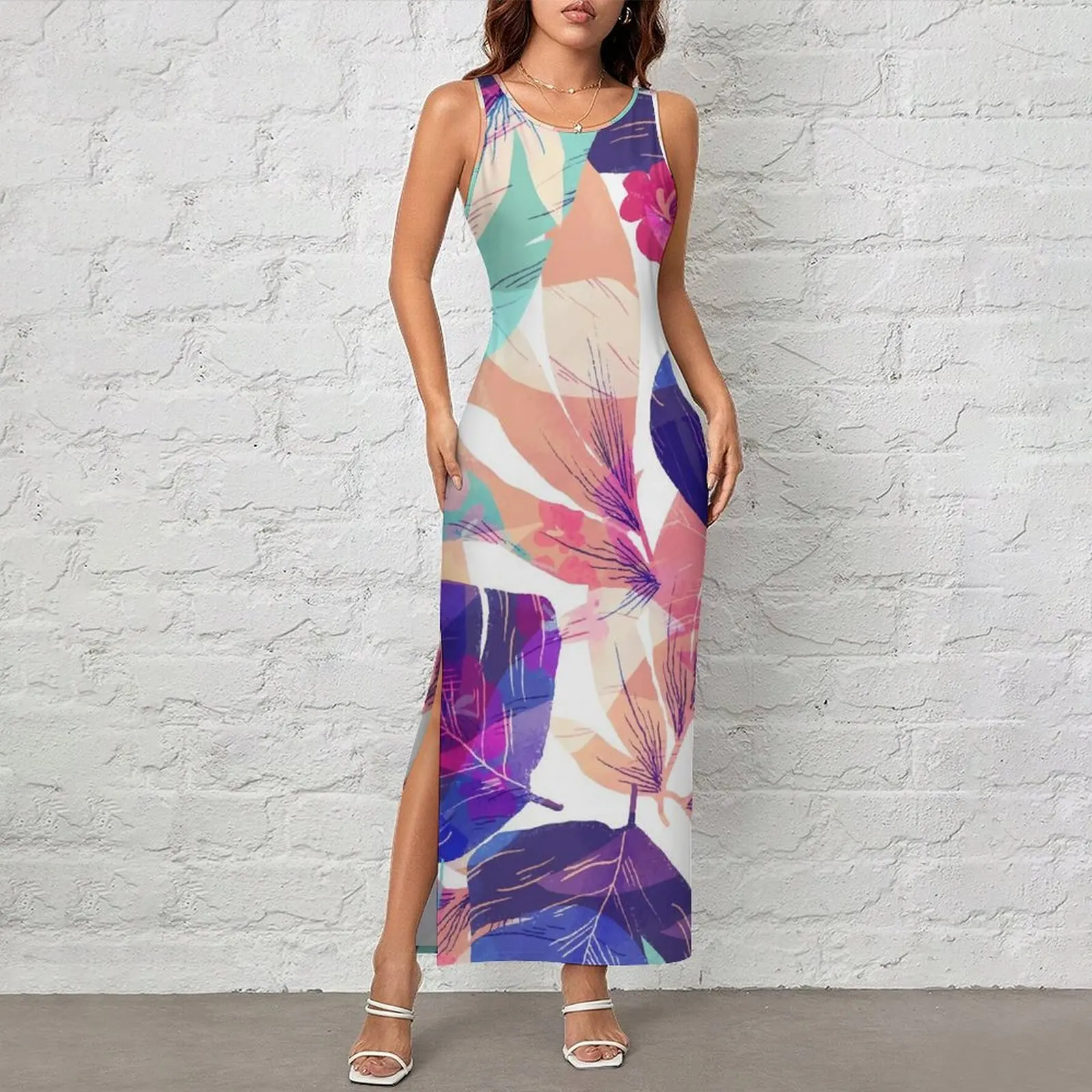 Colorful Leaf Print Bodycon Dress Summer Tropical Floral Vintage Maxi Dresses Women Sleeveless Pattern Fashion Dress Large Size