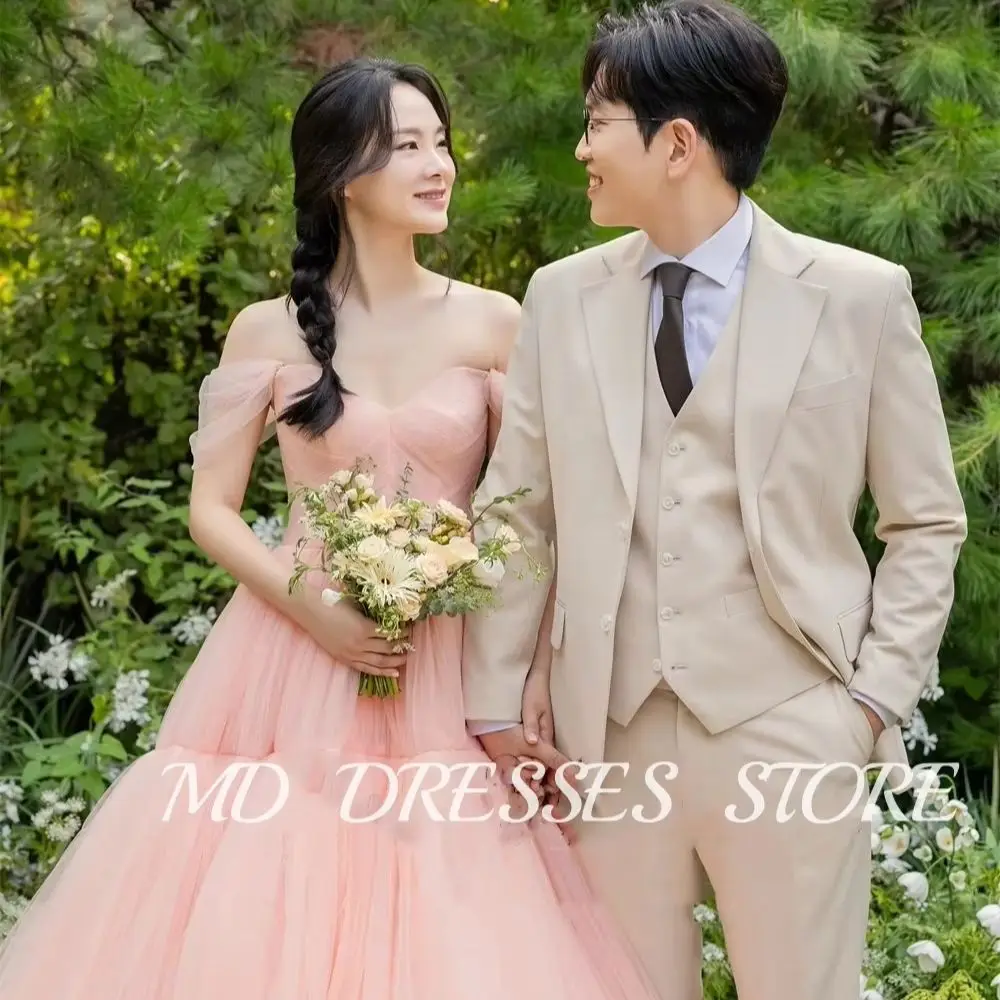

MD Sweetheart Pink Wedding Dresses Korea Photoshoot Vintage Tulle Off Shoulder Floor-Length Corset Customized Wedding Party Gown