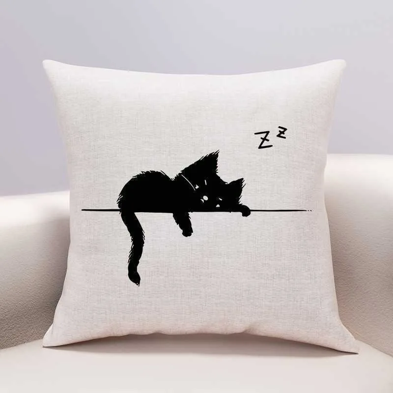 Minimalist Black Cat Silhouette Throw Pillow Cover - Artistic Animal Home Decor