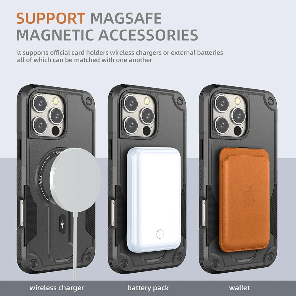Militärisch Stoßfeste Handyhülle für iPhone 11 12 13 14 15 16 17 Pro Max mit Magnetischer Drahtloser Aufladung und Unsichtbarem Ständer – Detail 10