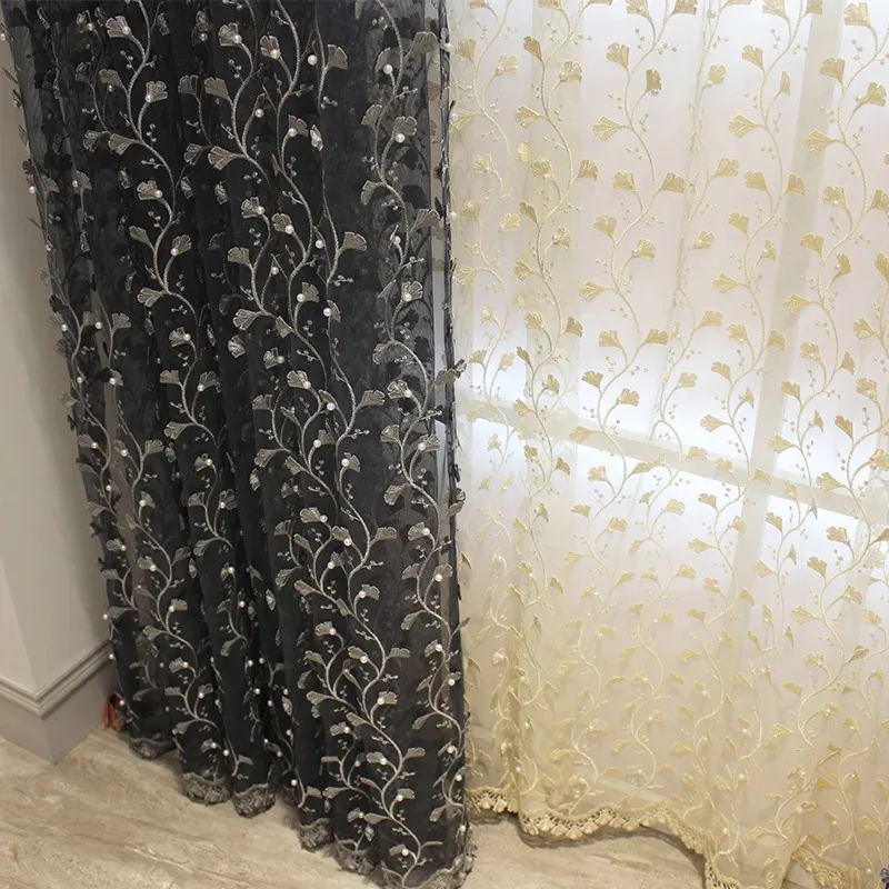 Light Luxury Modern Embossed Floating Embroidery Beaded Gauze Curtain Finished Living Room Bedroom Gray Tulle Balcony Curtains