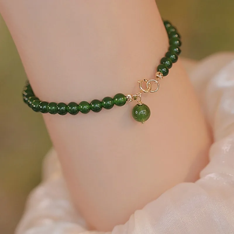 Minar Chinese Style 14K Real Gold Plating Copper Green Color Chalcedony Agate Natural Stone Beaded Strand Bracelets for Women