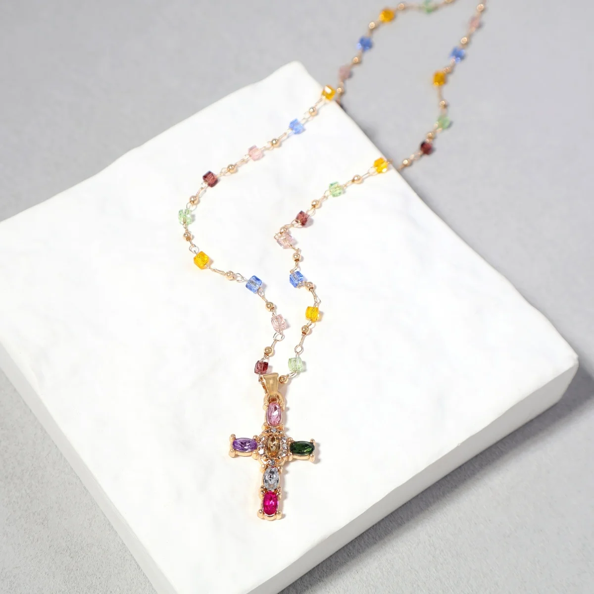 Chain Cross Necklace Colorful Gem Pendant Bright Jewelry for Daily Social Wear Chic Gift for Girls Women