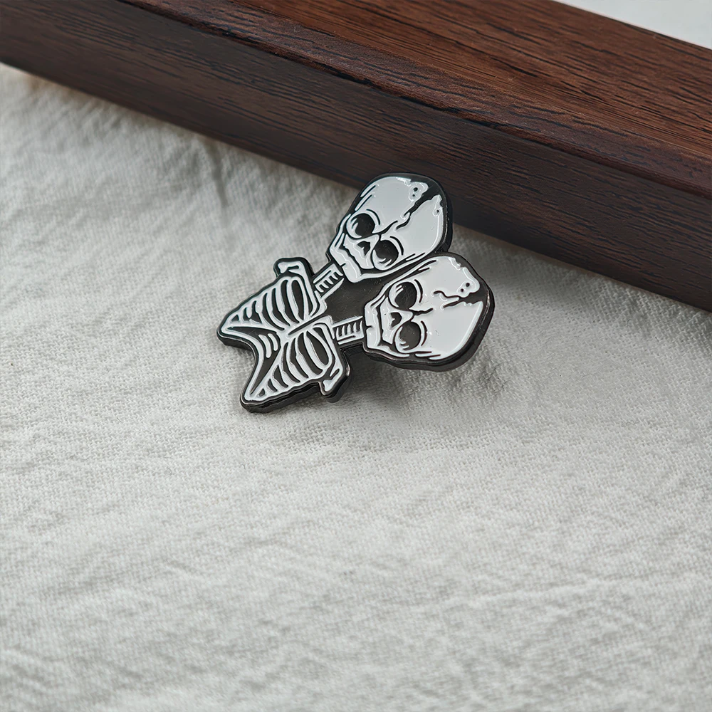 Dark Double-headed Skull Enamel Pin Black White Color Blocking Retro Tattoo Style Brooch Gothic Unique Metal Badge Friend Gift