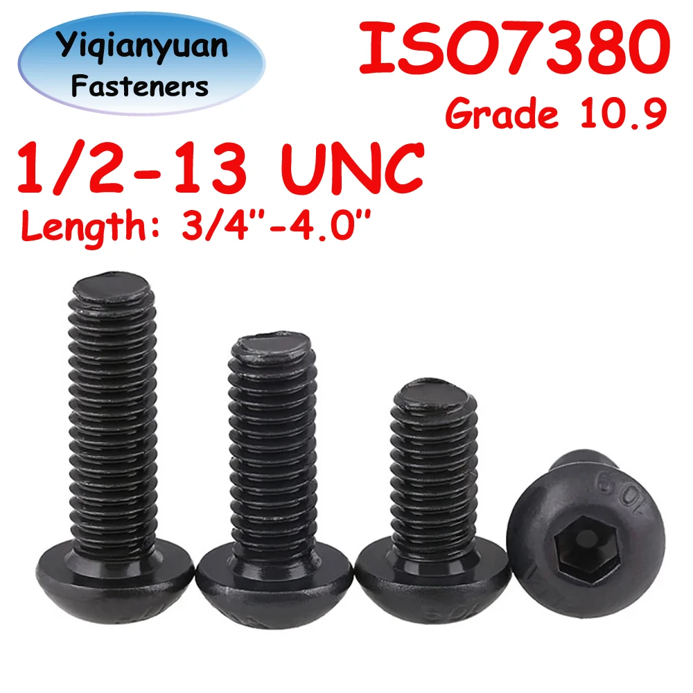 

Yiqianyuan ISO7380 Hexagon Socket Button Round Head Screws 1/2-13 UNC Thread Grade 10.9 Alloy Steel Black Oxide Allen Key Bolts
