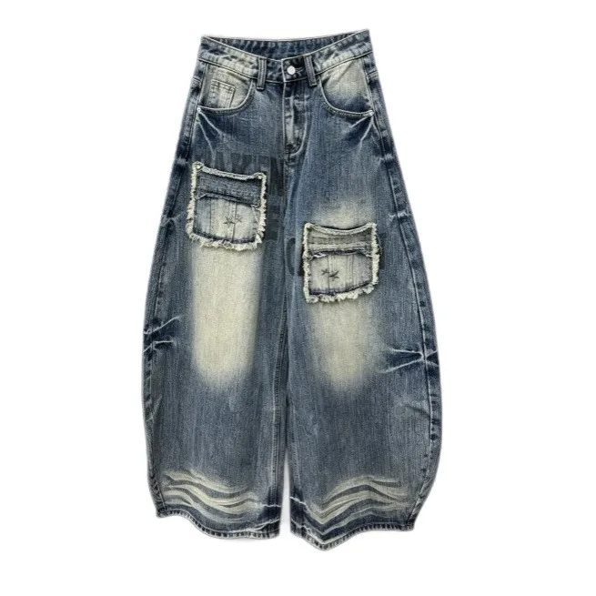 Wide Leg Washed Finish Pants Mid Waist Streetwear with No Stretch Applique Regular Thickness Pocket Distressed Faded Women Pants