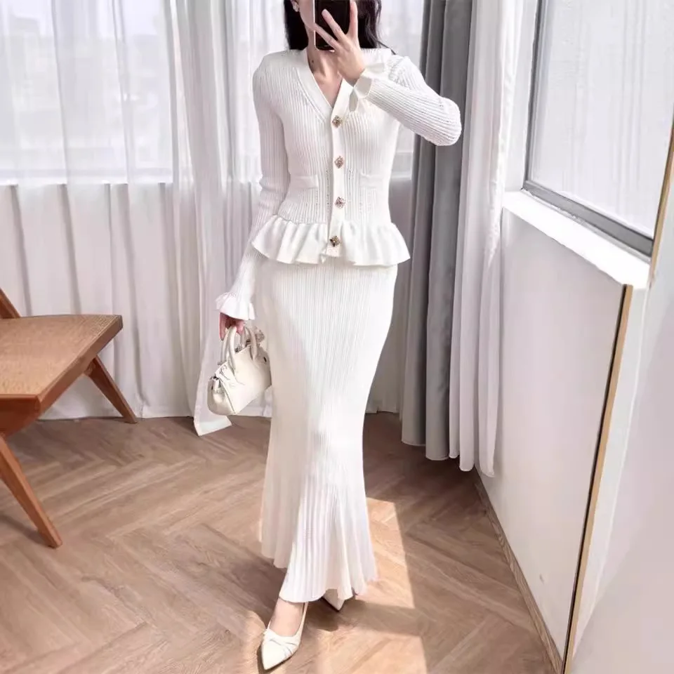 High Quality Autumn Winter Two Piece Dress Set Women Long Sleeve Beading Cardigans Maxi Skirts Suits Knitwear Outfits