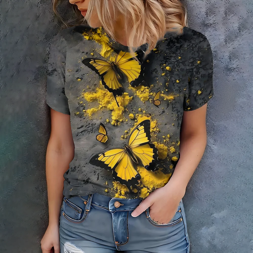 

Trendy personality gray black background butterfly print daily casual fashion women's summer short sleeved T-shirt