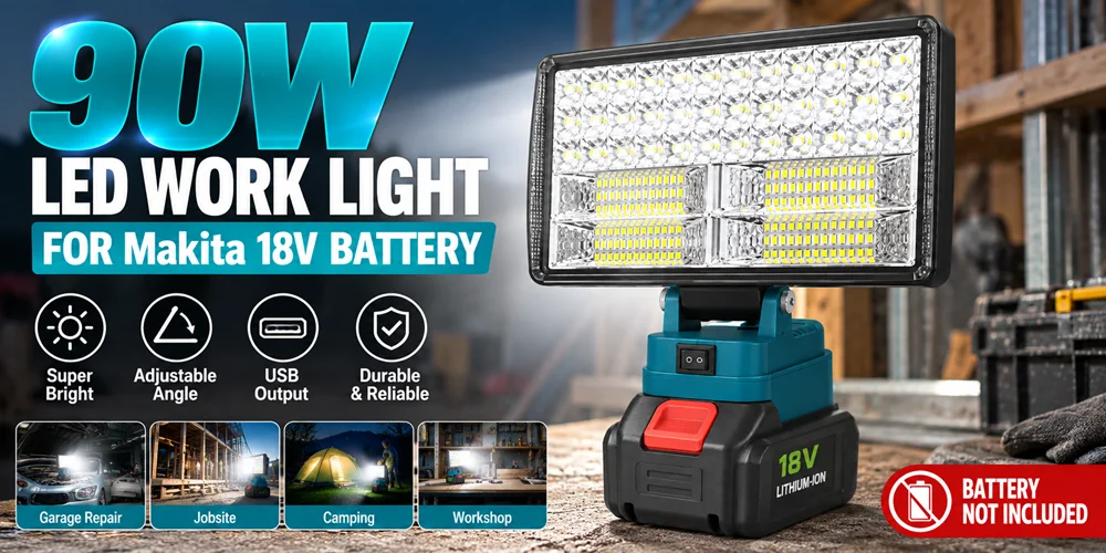 90W LED-Arbeitsleuchte für Makita 18V Akku, kabellose tragbare Arbeitslampe, verstellbarer Flutlichtstrahl für Werkstatt, Garage, Baustelle, Außenbereich – Detail 1