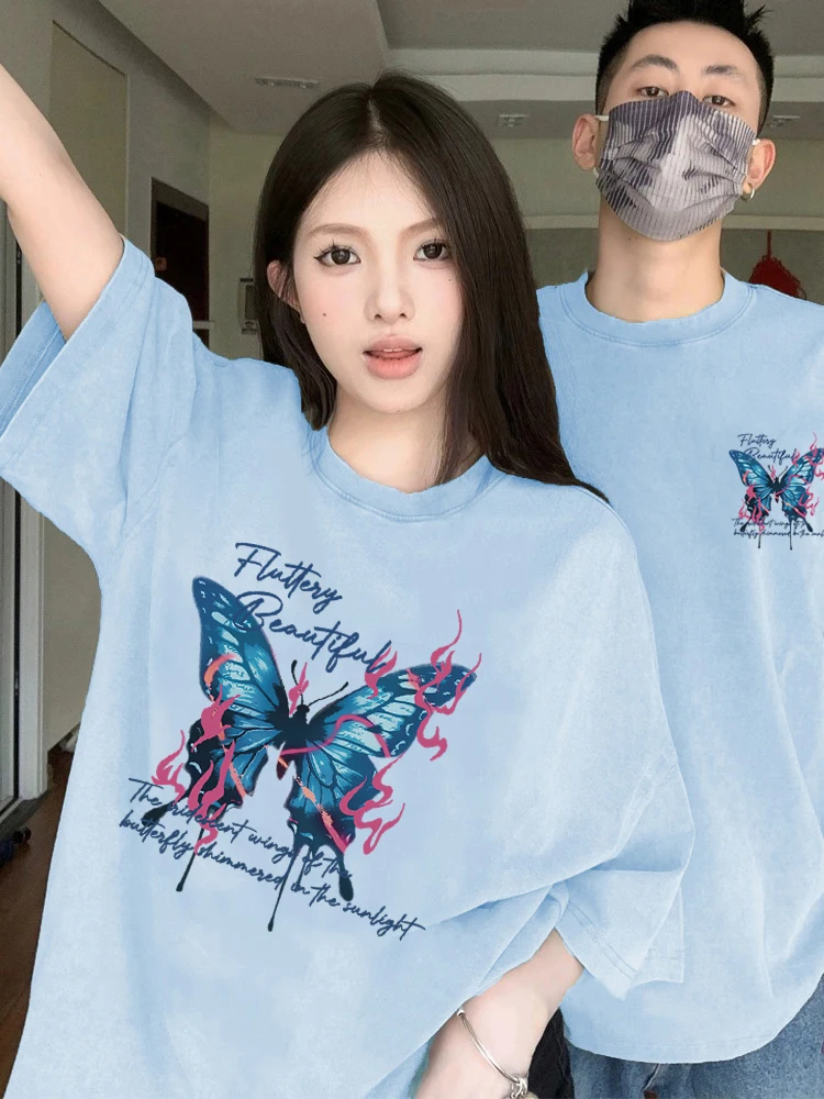 Flame Butterfly Pattern Couple Outfit Summer High Quality Short Sleeve 2025 New Trend Hip-hop Style T-shirt