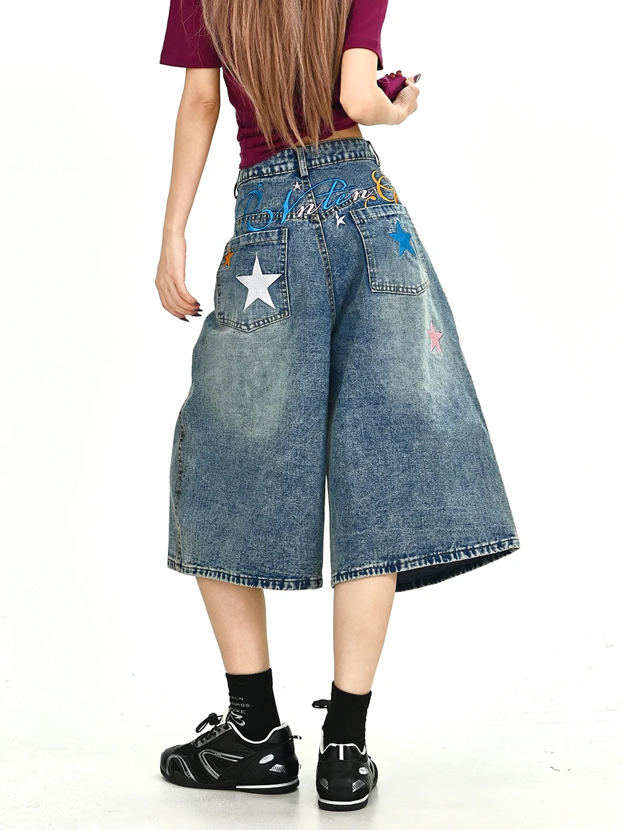 

Джинсы женские свободного кроя с вышивкой Lazy Letter, в стиле BF, летние, новые, широкие брюки, модные, с естественной талией, на молнии