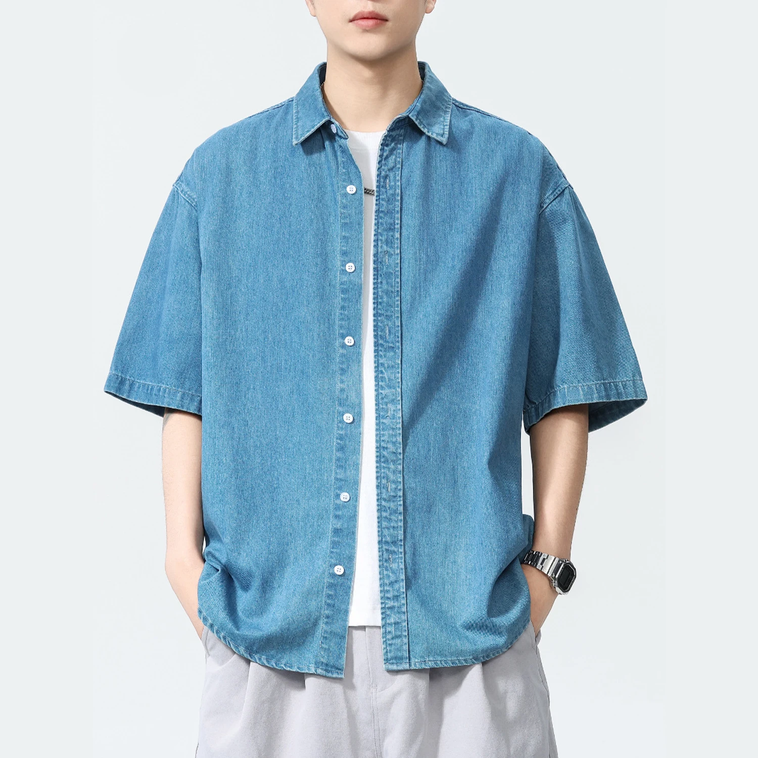 

2025 Spring/Summer New American Retro Short Sleeve Washed Shirt for Men's Outdoor Fashion High Street Casual Short Sleeve