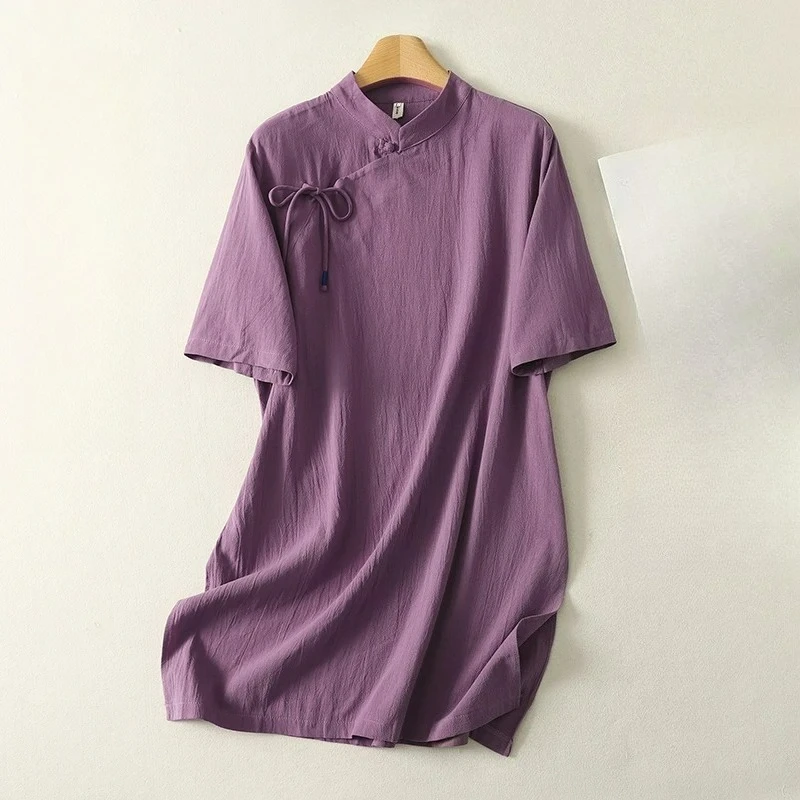 

Chinese Style Vintage Stand Collar Blouse Women Spring Summer Beige Purple Shirts Casual Frog Buttons Cotton Linen Female Tops